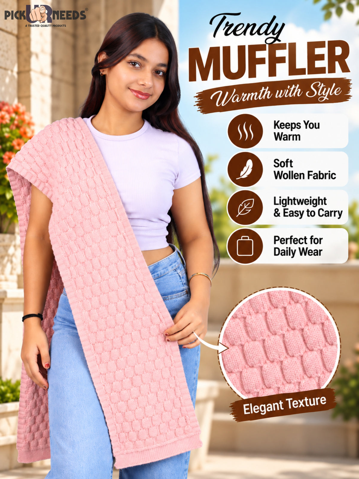 Pick Ur Needs Women and Girls Knitted Winter Muffler, Textured Woollen Scarf with Elegant Woven Pattern, Soft Warm Lightweight Neck Wrap