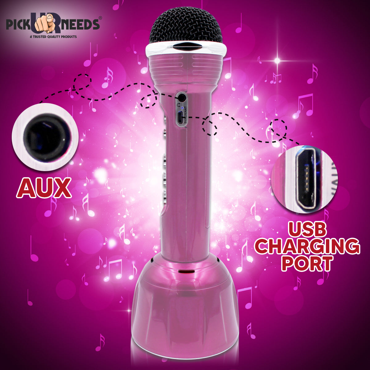Pick Ur Needs Superier Quality With LED Wireless Bluetooth Microphone Connection Player Speaker 2-in1 With Recording + USB+FM Microphone (Pink)
