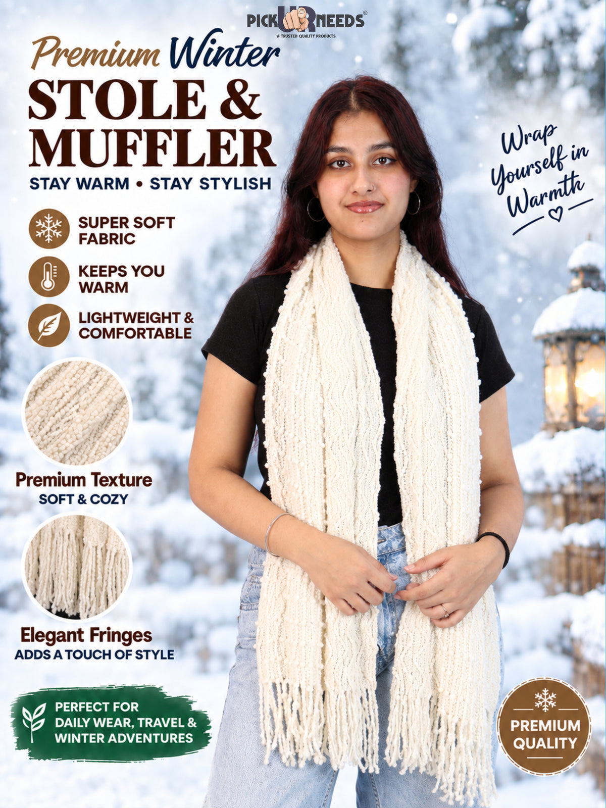 Pick Ur Needs Premium Winter Stole & Muffler for Women Soft Woven Textured Wrap with Elegant Fringes Warm Shawl