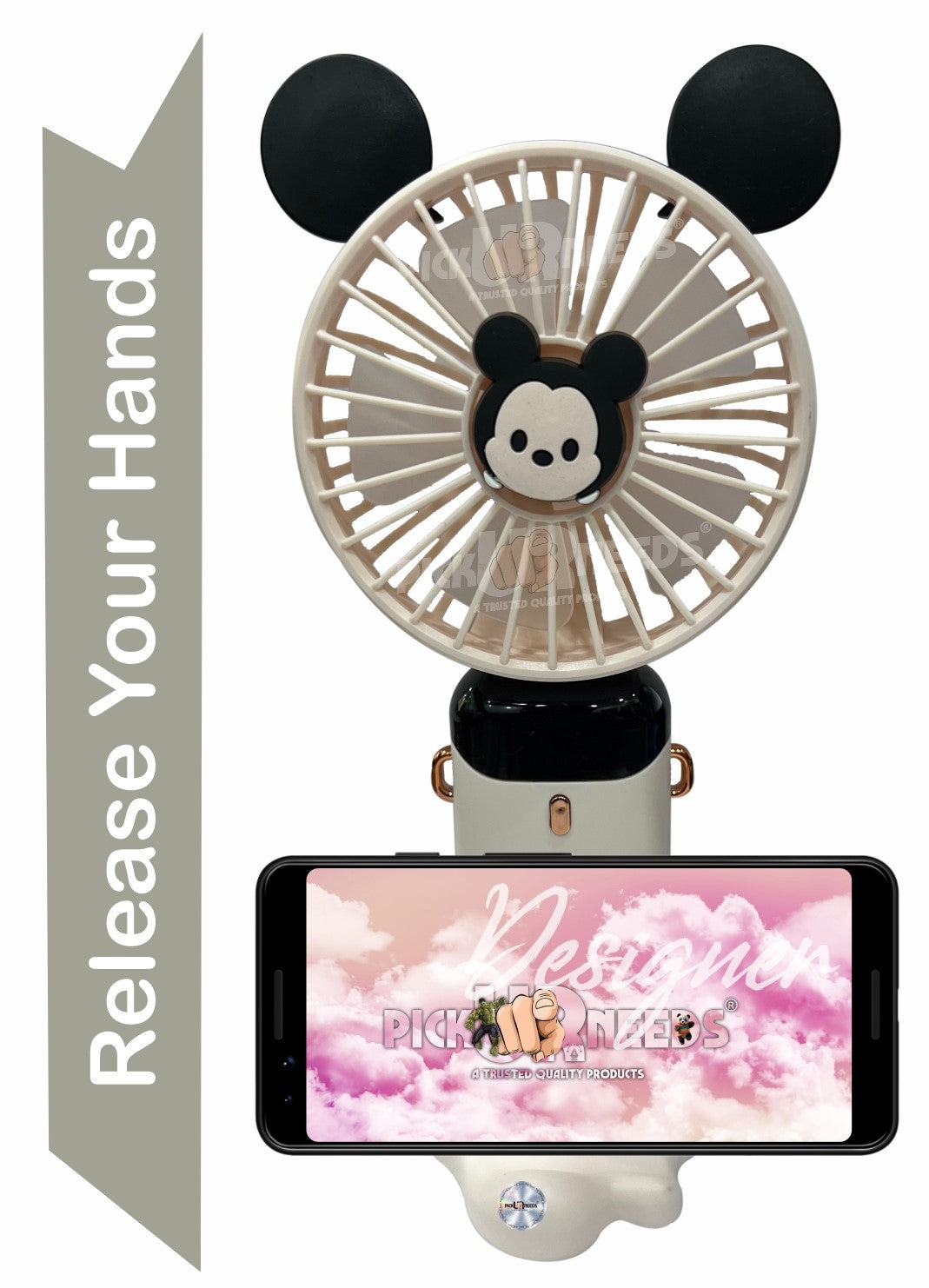 Pick Ur Needs Rechargeable Foldable Mini Handheld Fan Micky Mouse Design 5 Mode Speed LED Display Mini Portable Fan