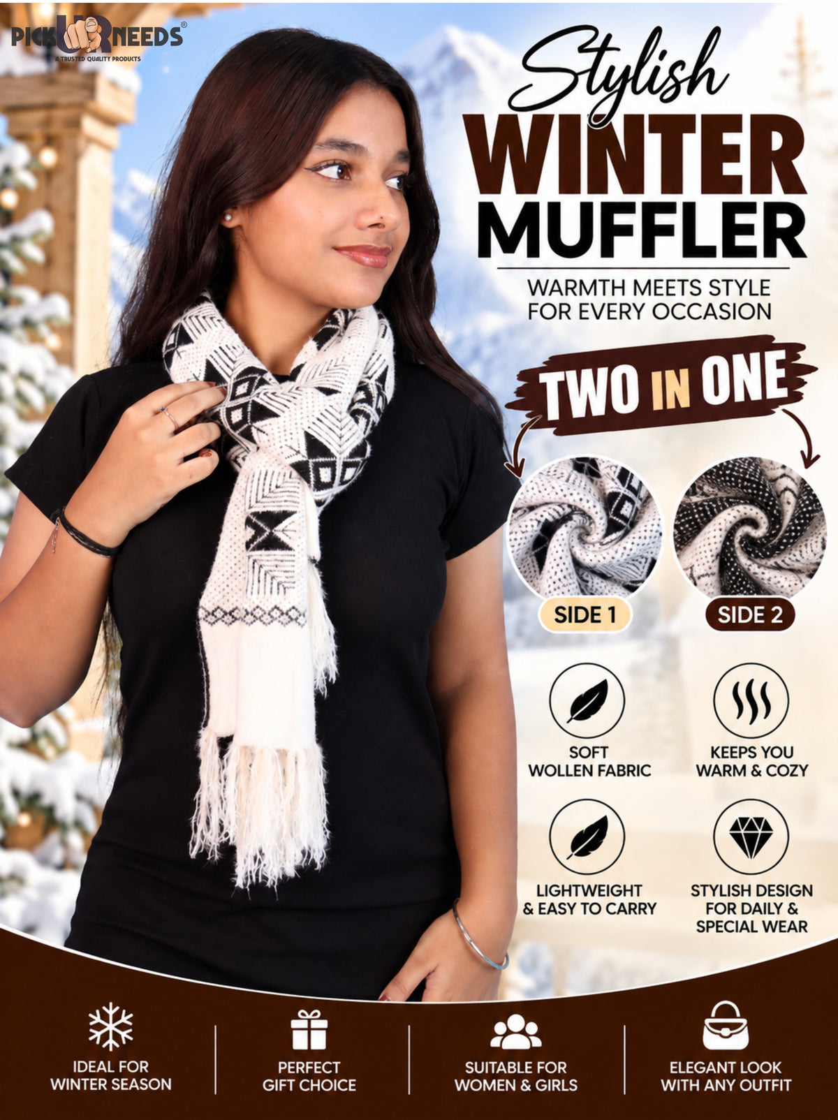 Pick Ur Needs Women & Girls Reversible Knitted Winter Muffler, Soft Warm Woollen Scarf with Geometric Pattern and Tassels, Lightweight Dual-Sided Winter Wrap