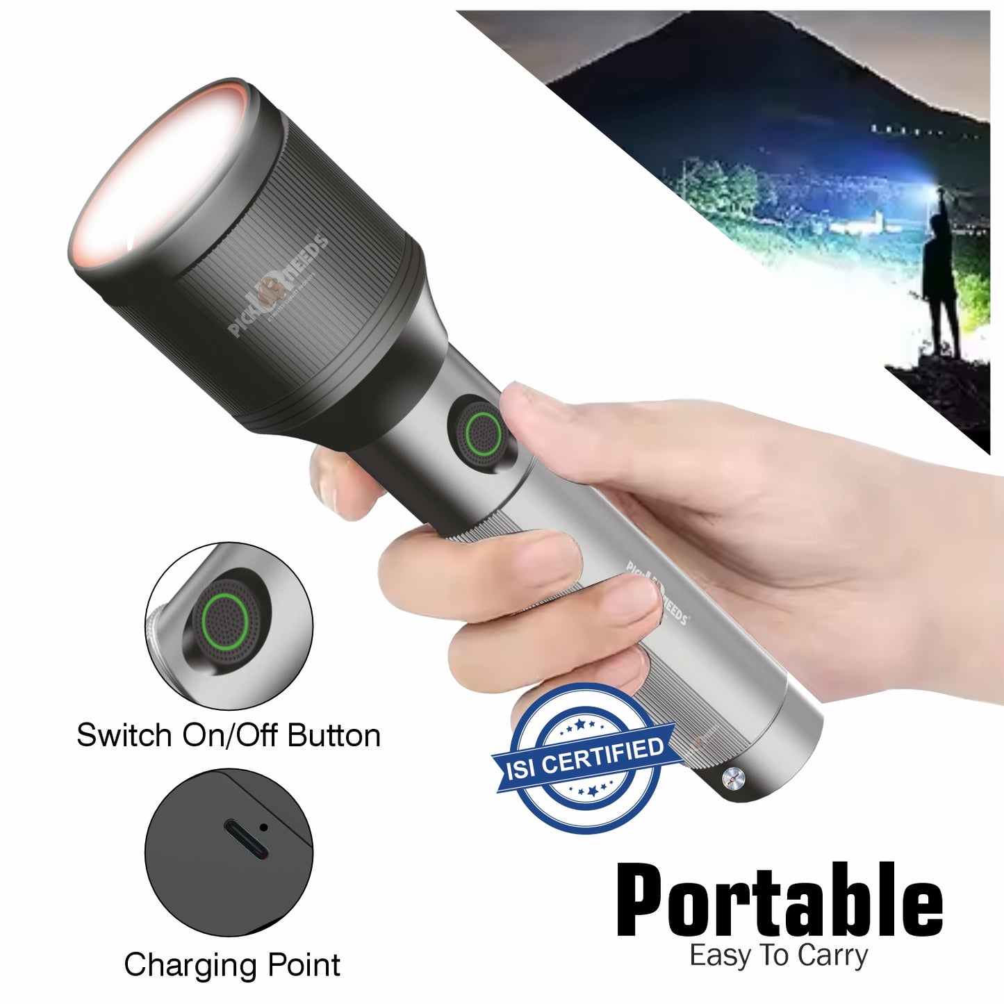 Pick Ur Needs 100W+100W LED Rechargeable Long Range Torch Light with 5 Lighting Modes Flashlight 1500mAh Battery Searchlight for Camping, Outdoor, Hiking, Emergency Use