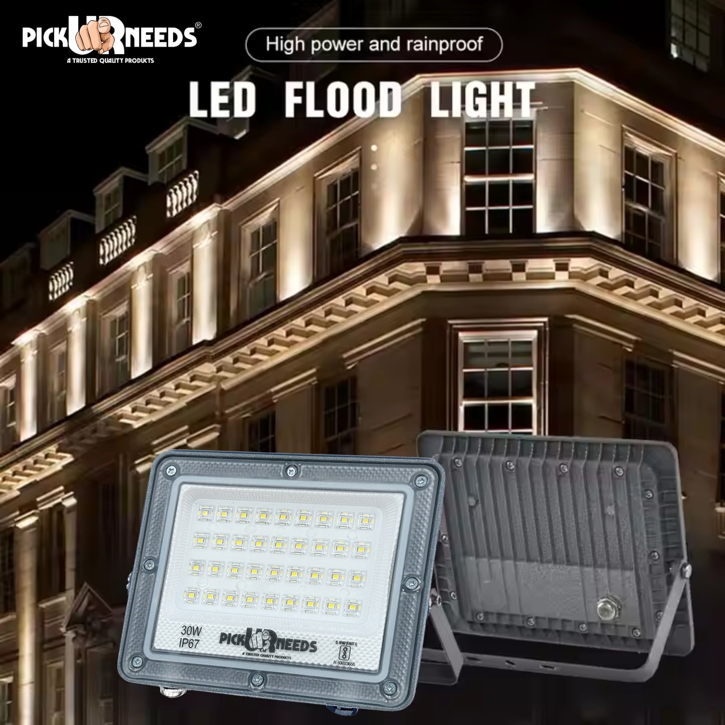 Pick Ur Needs 30W Lens Flood Lamp Outdoor Light With Extension Bracket IP67 Waterproof Light 0 hrs Flood Lamp Emergency Light (White) pack of 3
