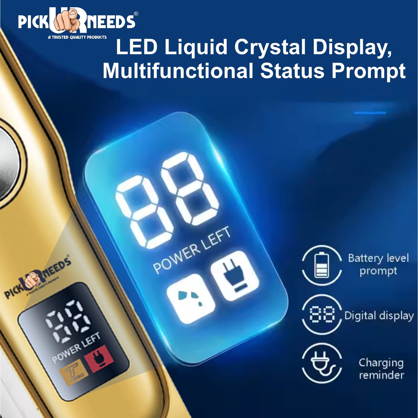 Pick Ur Needs Professional High Quality Hair Clipper Shaver 1200mAH Battery Trimmer 180 min Runtime 3 Length Settings (Gold)