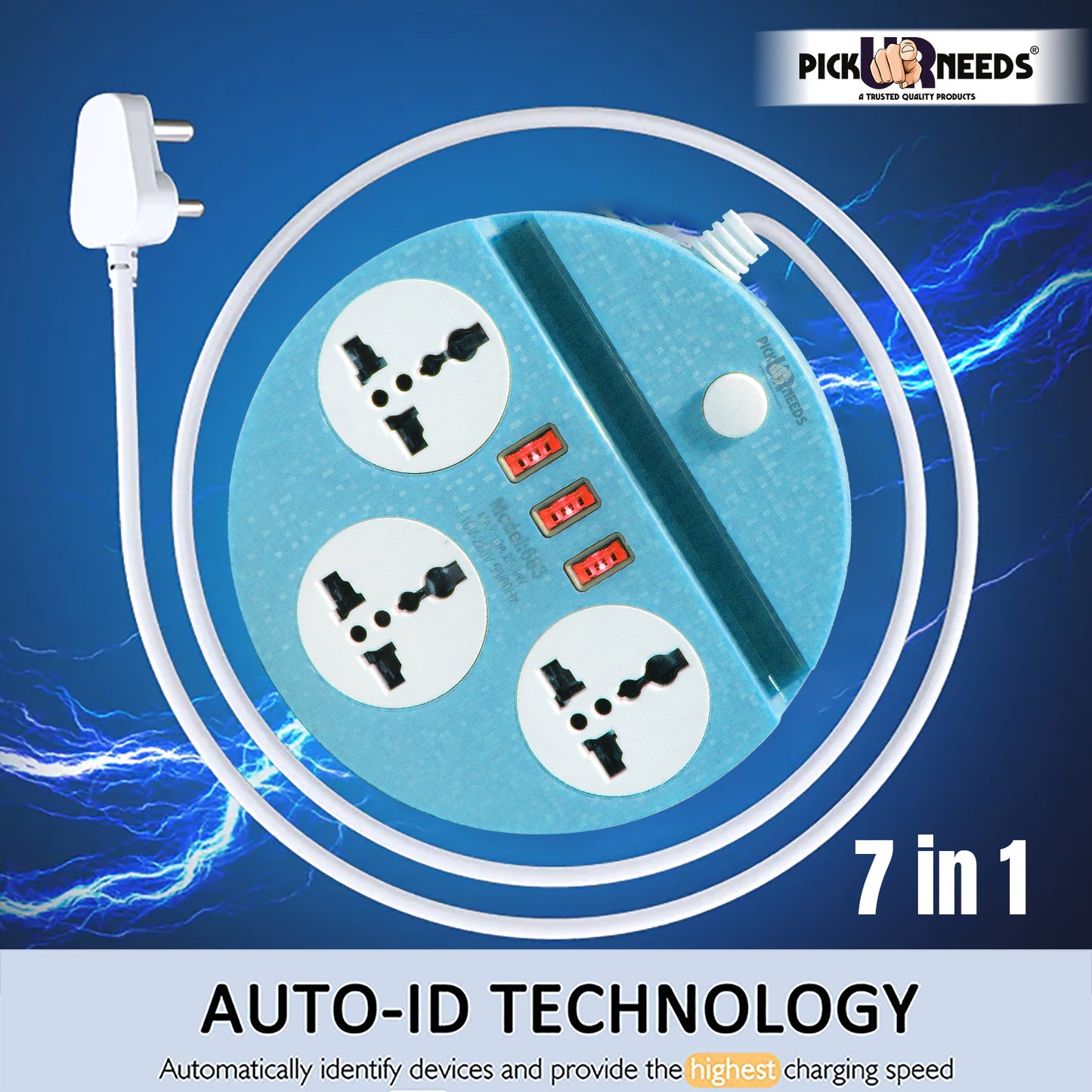 Pick Ur Needs Extension Cord Board with 3 USB Charging Ports and 3 Socket -10 Amp Heavy Duty for Multiple Devices Smartphone Tablet Laptop
