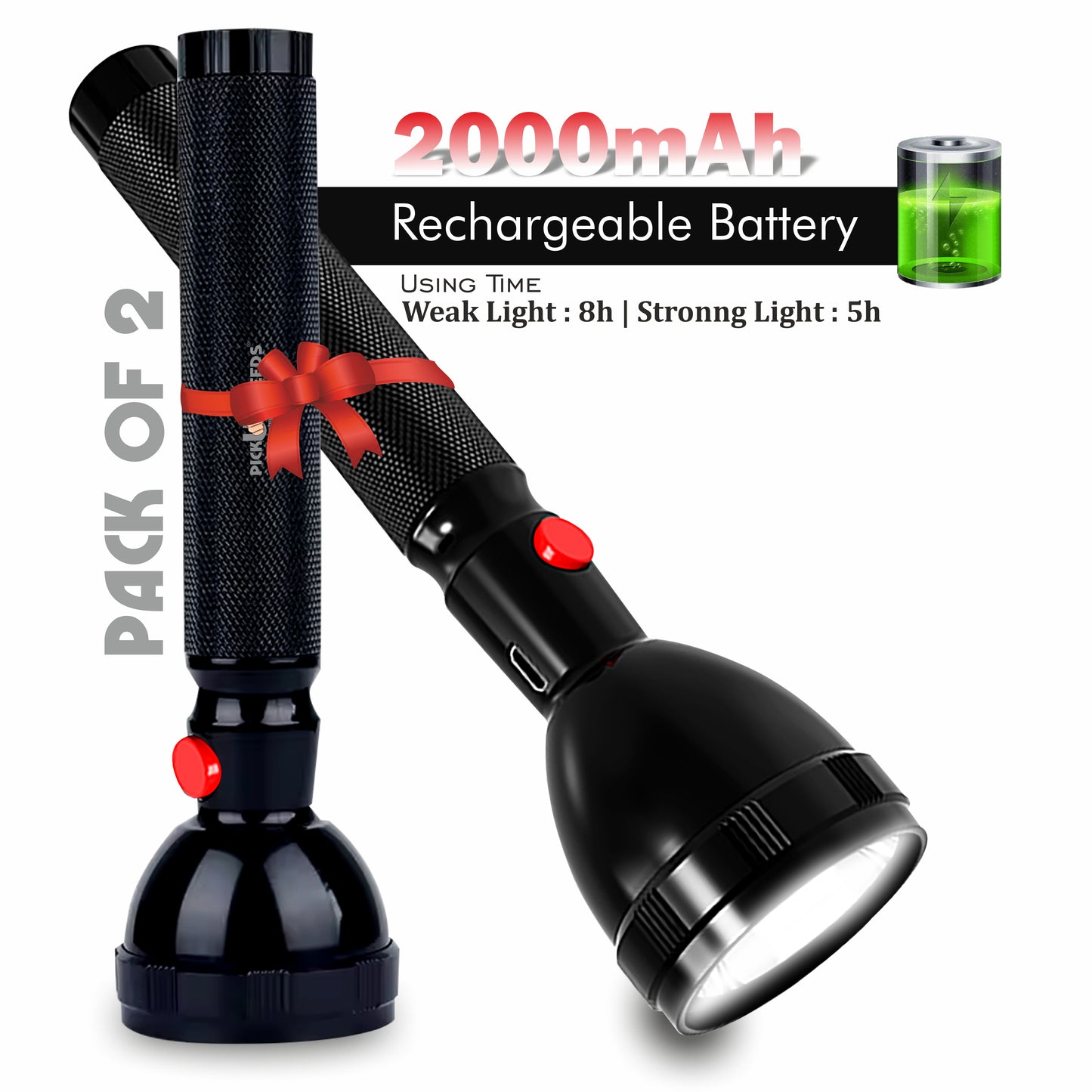 Pick Ur Needs 2X Power Long Range Torch Low / High Beam Mode Lithium Battery Metal Body Design 5 hrs Torch Emergency Light (Black)
