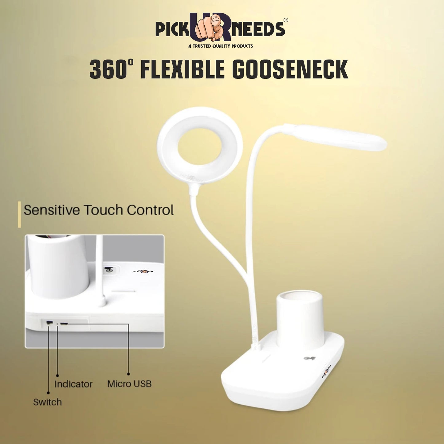 Pick Ur Needs Rechargeable Study Table Lamp Torch ON/ OFF With Pen Stand Night Desk Light Table Lamp (15 cm, White)