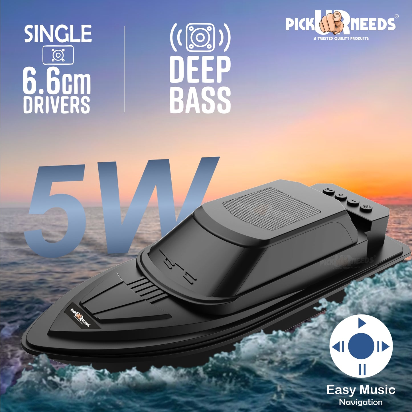 Pick Ur Needs Portable Bluetooth Speaker with High Bass β 5W Dynamic Thunder Sound, Cruiser Design, 1200mAh Rechargeable Battery, Wireless Audio for Outdoor & Indoor Use (Black)