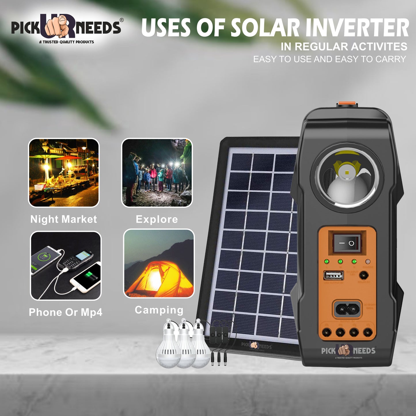 Pick Ur Needs Solar Chargeable Inverter Light Set With Study Lamp + 3 Bulb 1 USB Charging Port Solar Light Set (Ceiling Mounted Pack of 1)