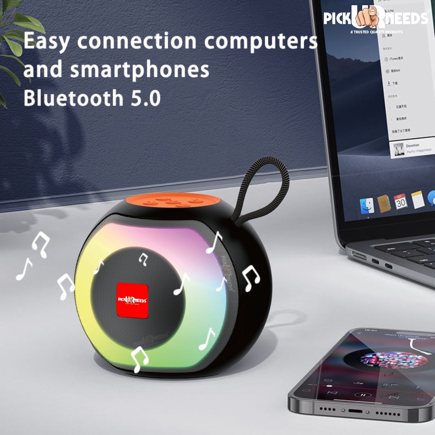 Pick Ur Needs Compact Rechargeable Boom Bass Wireless Speakers - RGB LED Light, 4Hrs, 1200mAh 5 W Bluetooth Speaker (Black, 5.0 Channel)
