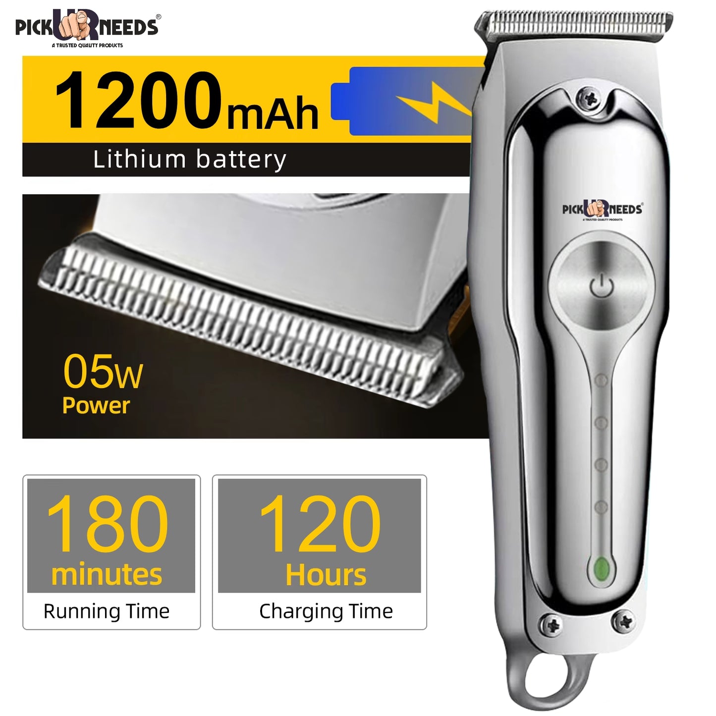 Pick Ur Needs Rechargeable Hair Grooming / Men Beard Shaver With 1200mAh Lithium Battery Trimmer 180 min Runtime 3 Length Settings (Steel)