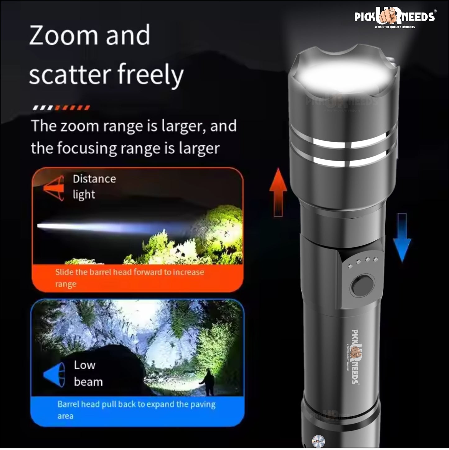 Pick Ur Needs 150W Rechargeable LED Torch offers powerful brightness, zoomable focus, 6 lighting modes, and a durable metal body. With a long-lasting 1800mAh battery, it's perfect for camping, emergencies, and everyday use.