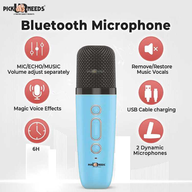Pick Ur Needs Kids Karaoke 4 Multiple Voice Mike With Bluetooth Speaker RGB Disco Party Light (Blue)