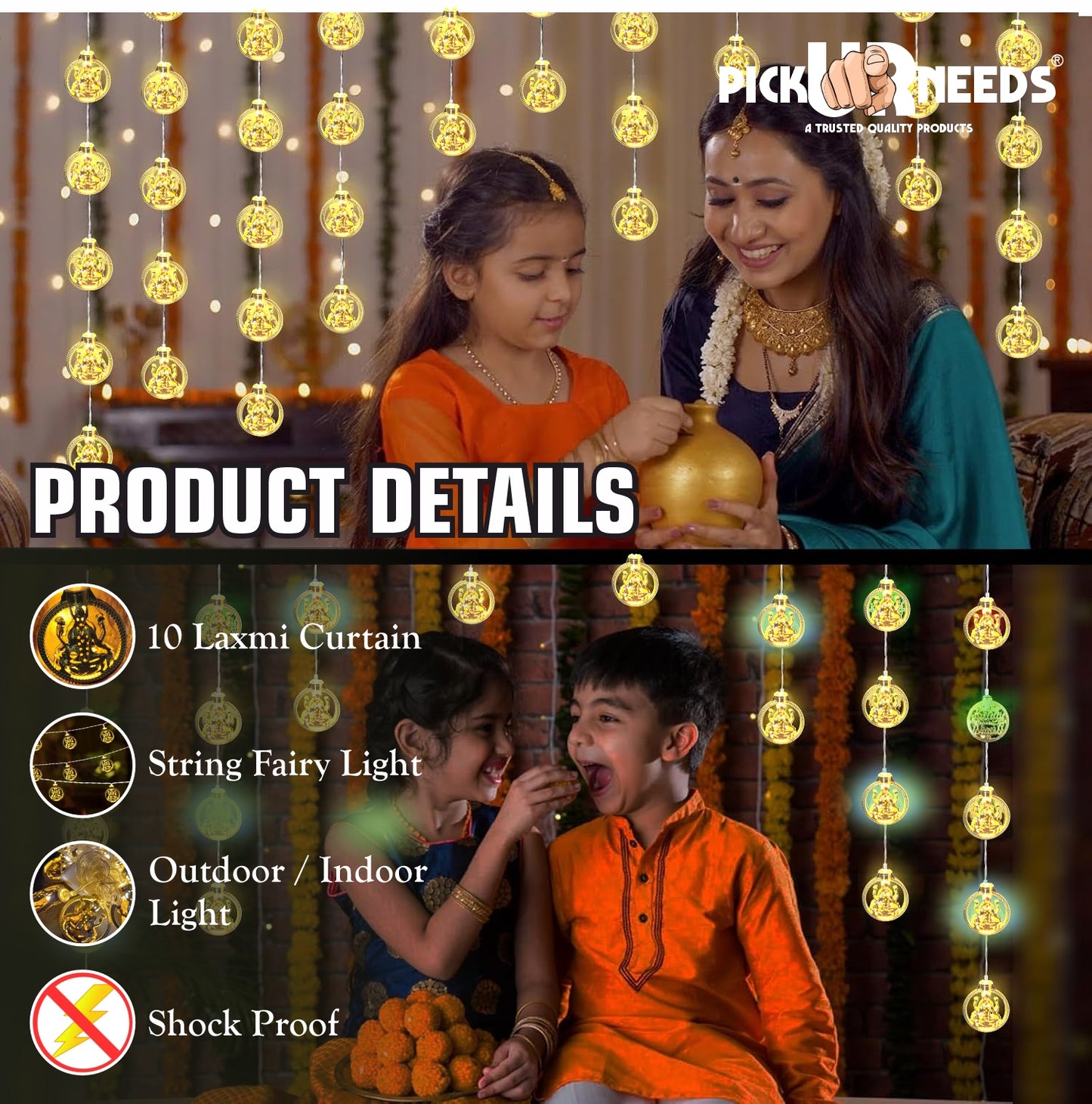 Pick Ur Needs Diwali String Lights Laxmi Ji Metal Hanging Lights, Warm White Round 3D Ceiling Lamp