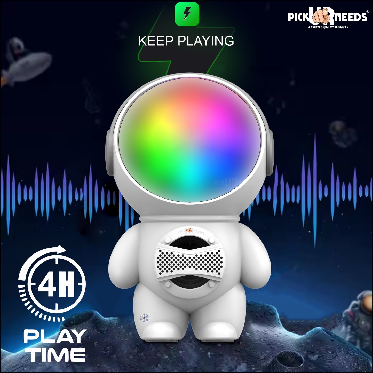 Pick Ur Needs Astronaut Portable Wireless Mini DJ Bluetooth Speaker with Dynamic Thunder Sound, 6.8W HiFi Bass, LED Lights, 1200mAh Battery, USB/TF Card Playback