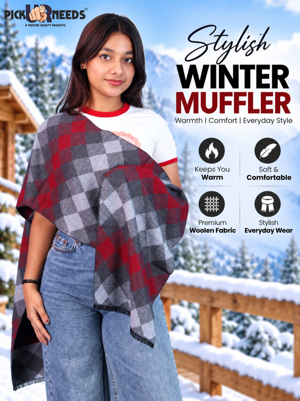 Pick Ur Needs Women & Girls Soft Woolen Checkered Muffler Warm Winter Neck Scarf with Stylish Checked Pattern