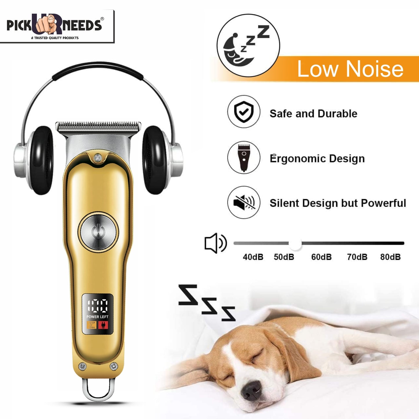 Pick Ur Needs Professional High Quality Hair Clipper Shaver 1200mAH Battery Trimmer 180 min Runtime 3 Length Settings (Gold)