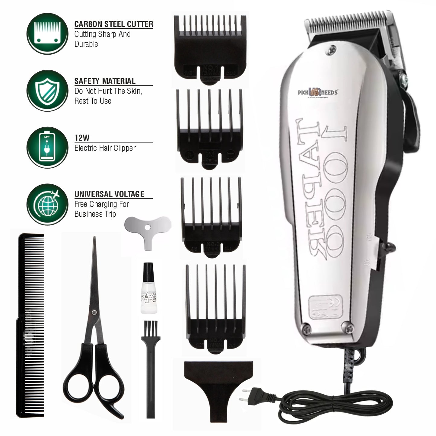 Pick Ur Needs Professional Barber Hair Cutting Machine / Hair Clipper For Men All Attachment Trimmer 0 min Runtime 10 Length Settings (Silver)