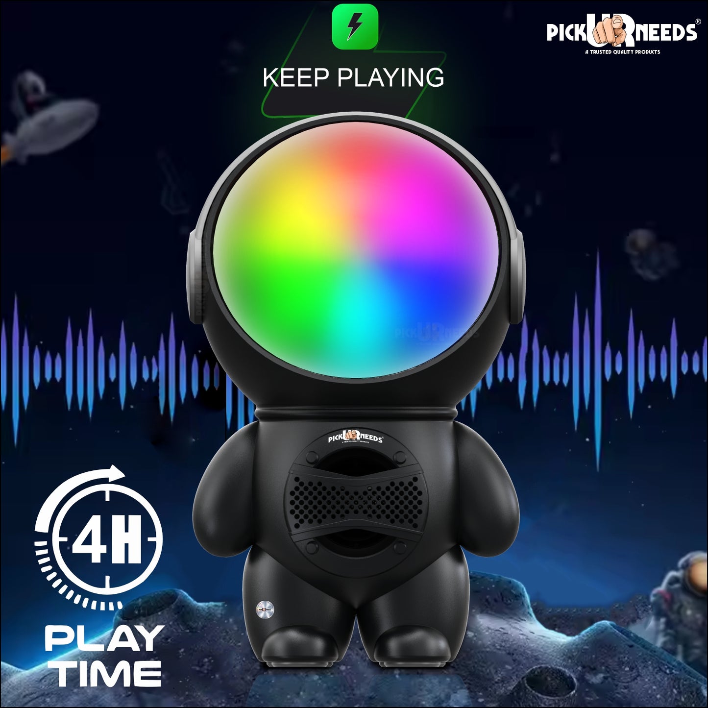 Pick Ur Needs Astronaut Portable Wireless Mini DJ Bluetooth Speaker with Dynamic Thunder Sound, 6.8W HiFi Bass, LED Lights, 1200mAh Battery, USB/TF Card Playback