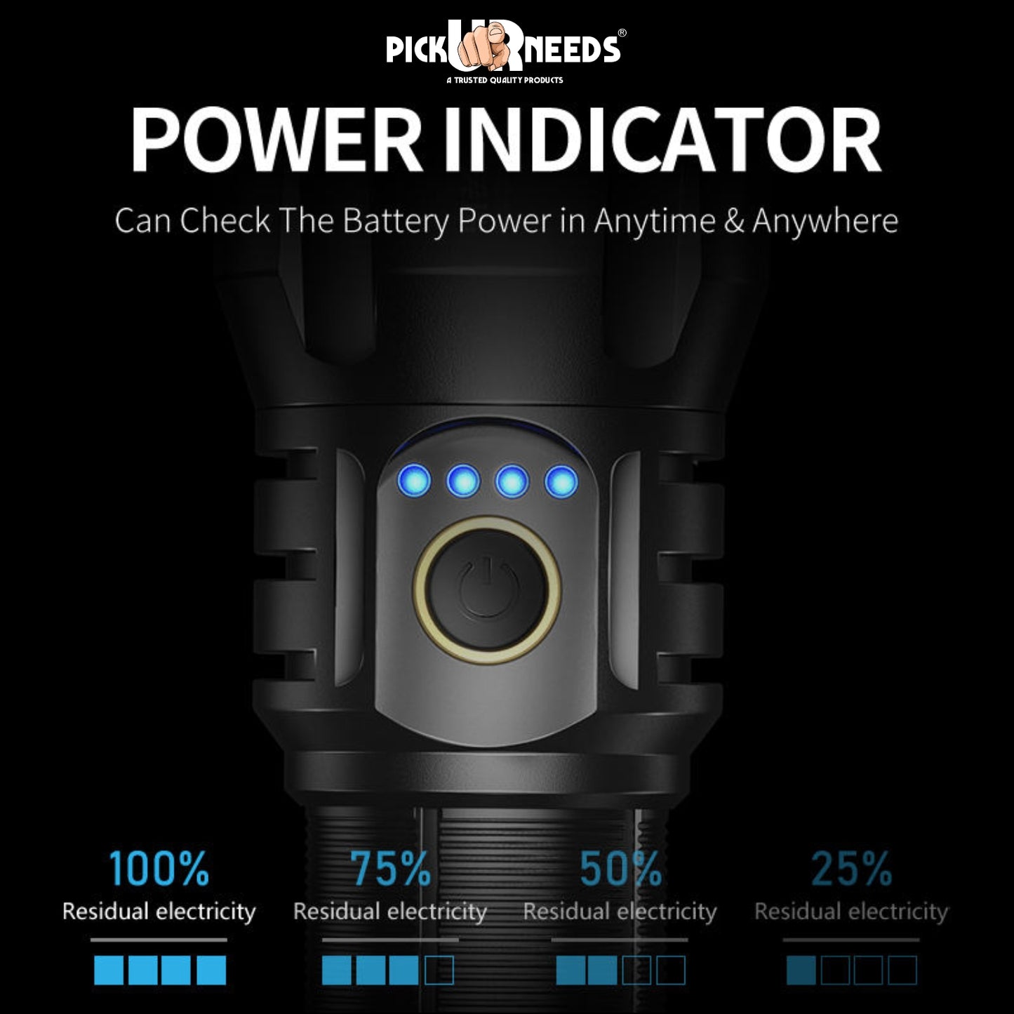 Pick Ur Needs 150W Rechargeable LED Torch. Featuring zoomable focus, 6 lighting modes, and a durable metal body, it's perfect for outdoor use, emergencies, and everyday tasks. Powered by a long-lasting 1800mAh battery.