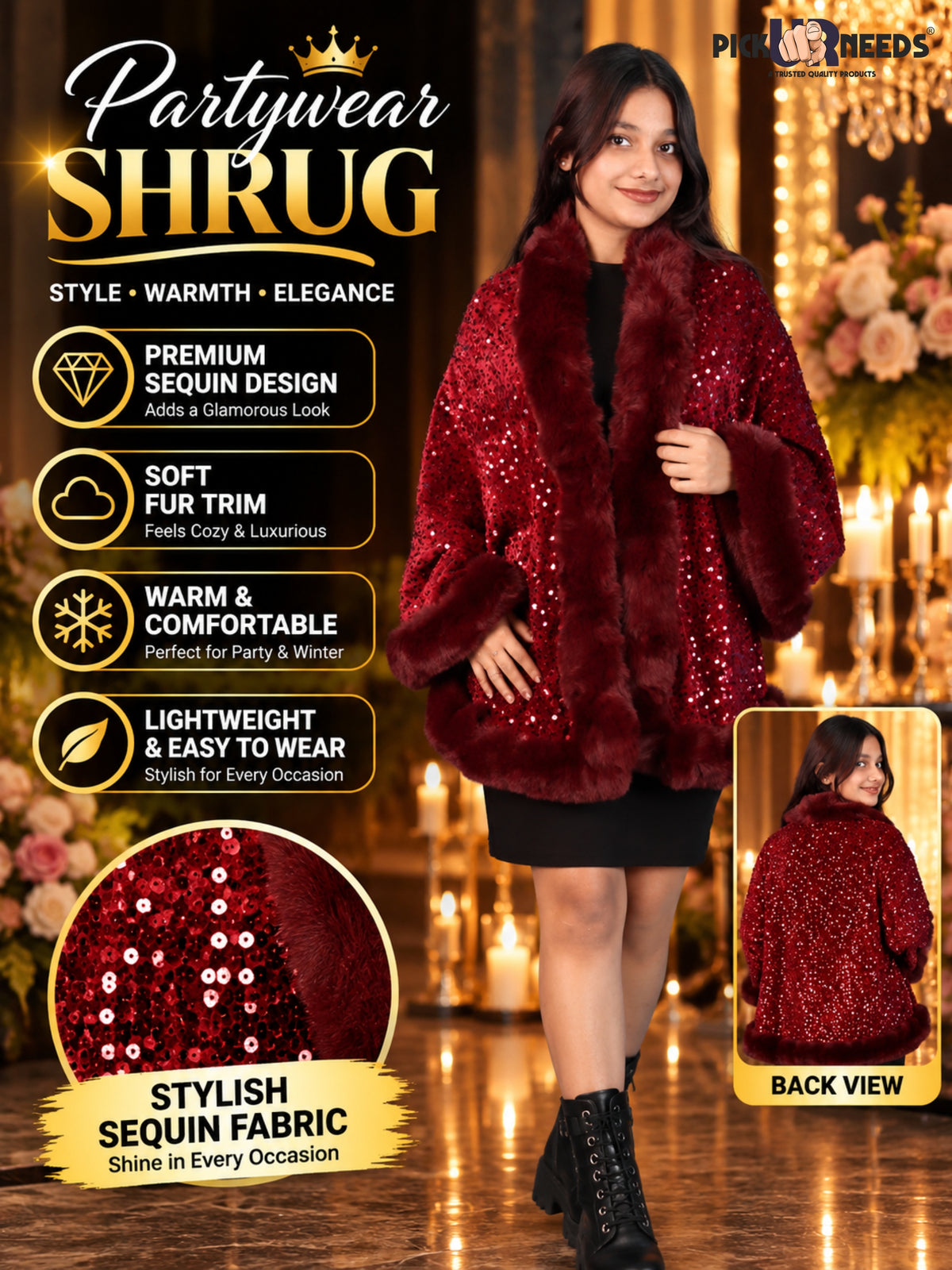 Pick Ur Needs Luxury Shrug for Women Sequin Outerwear with Soft Fur Collar Shawl Evening Wrap Poncho