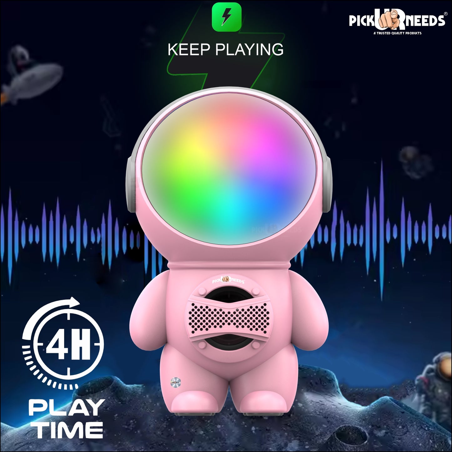 Pick Ur Needs Astronaut Portable Wireless Mini DJ Bluetooth Speaker with Dynamic Thunder Sound, 6.8W HiFi Bass, LED Lights, 1200mAh Battery, USB/TF Card Playback