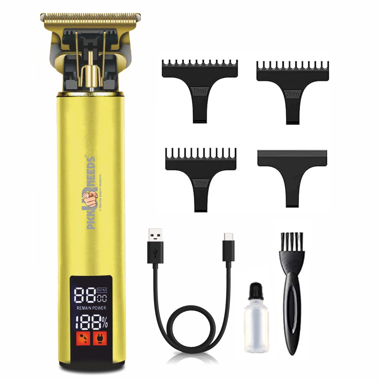 Pick Ur Needs Rechargeable Hair Shaver/Clipper Beard Cut Machine Smart LED 1200mAh Battery 5W Trimmer 120 min Runtime 3 Length Settings (Gold)