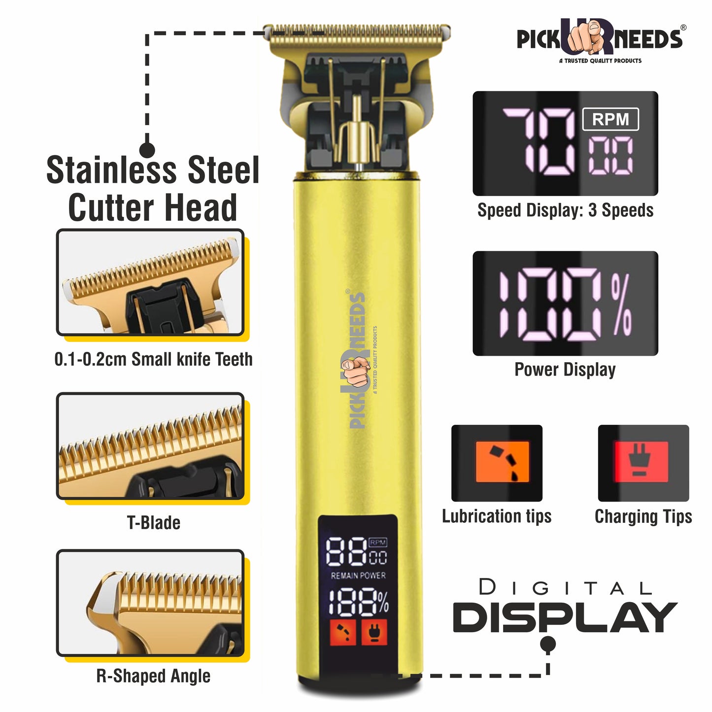 Pick Ur Needs Rechargeable Hair Shaver/Clipper Beard Cut Machine Smart LED 1200mAh Battery 5W Trimmer 120 min Runtime 3 Length Settings (Gold)