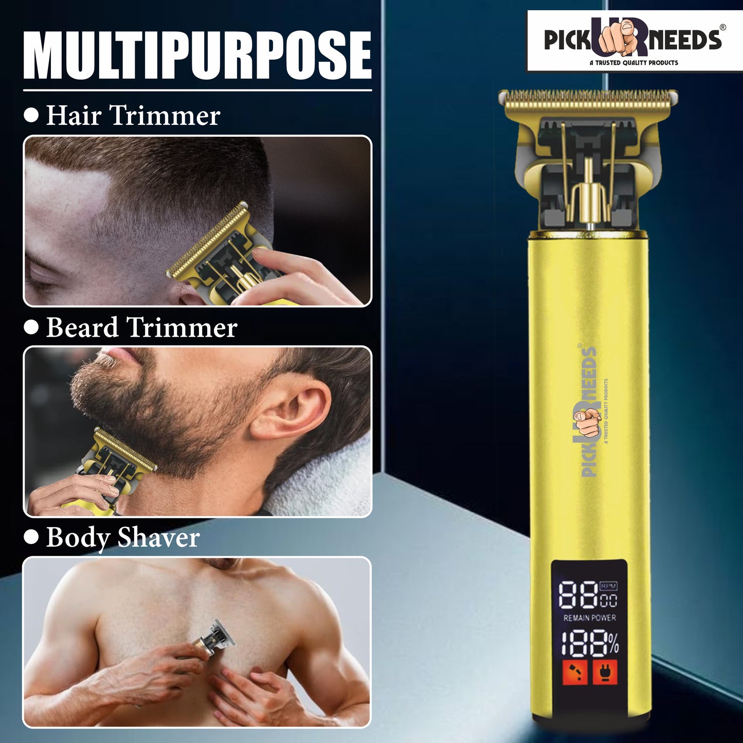 Pick Ur Needs Rechargeable Hair Shaver/Clipper Beard Cut Machine Smart LED 1200mAh Battery 5W Trimmer 120 min Runtime 3 Length Settings (Gold)