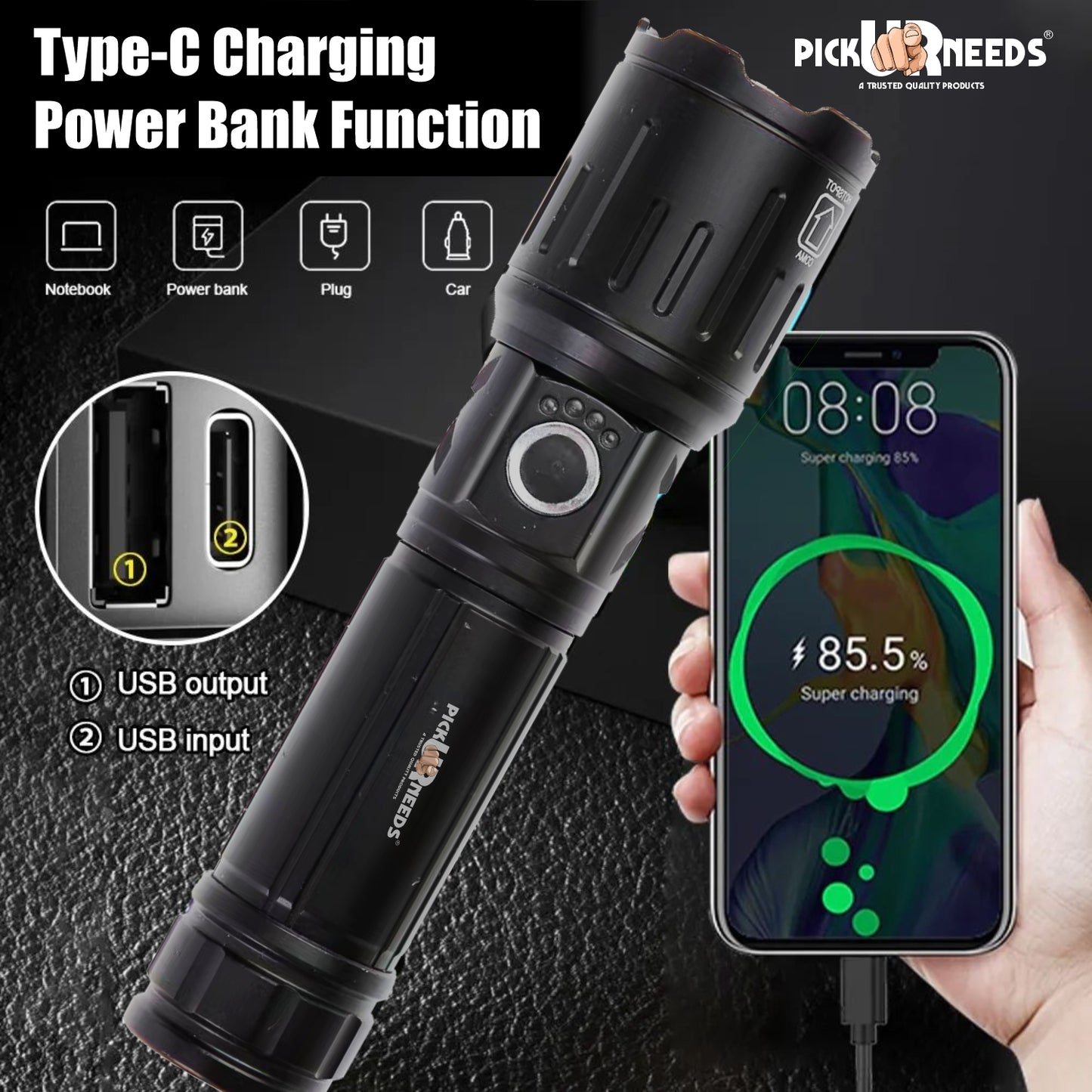 Pick Ur Needs 150W Rechargeable LED Torch. Featuring zoomable focus, 6 lighting modes, and a durable metal body, it's perfect for outdoor use, emergencies, and everyday tasks. Powered by a long-lasting 1800mAh battery.