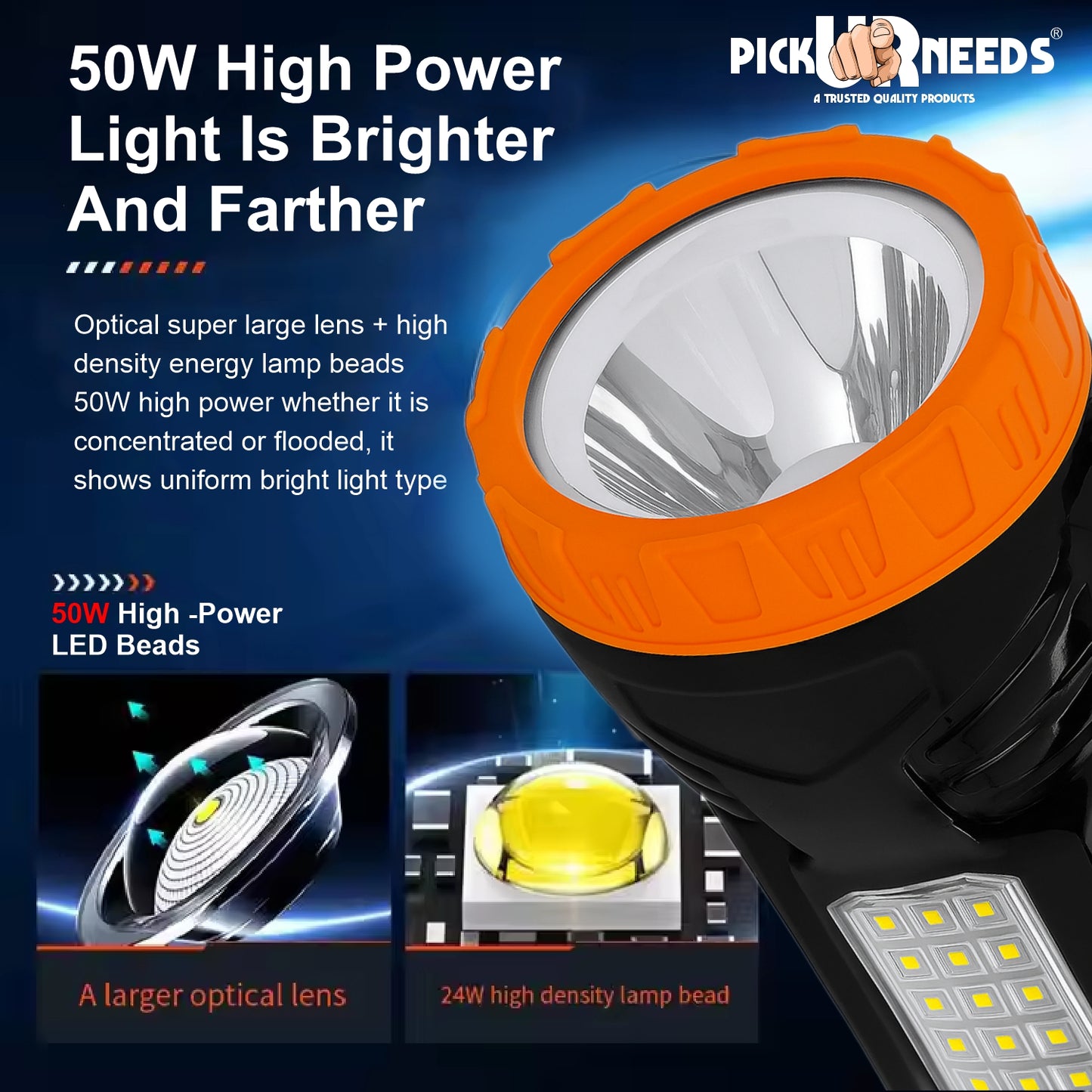 Pick Ur Needs 50W Emergency Long Range Rechargeable Search Laser with 15 SMD Bright 8 hrs Torch Emergency Light (Orange, Black)