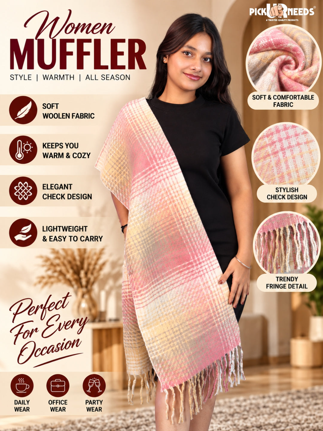 Pick Ur Needs Soft Woolen Girl's Muffler Scarf with Elegant Check Pattern,Warm & Cozy Winter Neck Wrap, Stylish Fringed Stole for Women & Girls