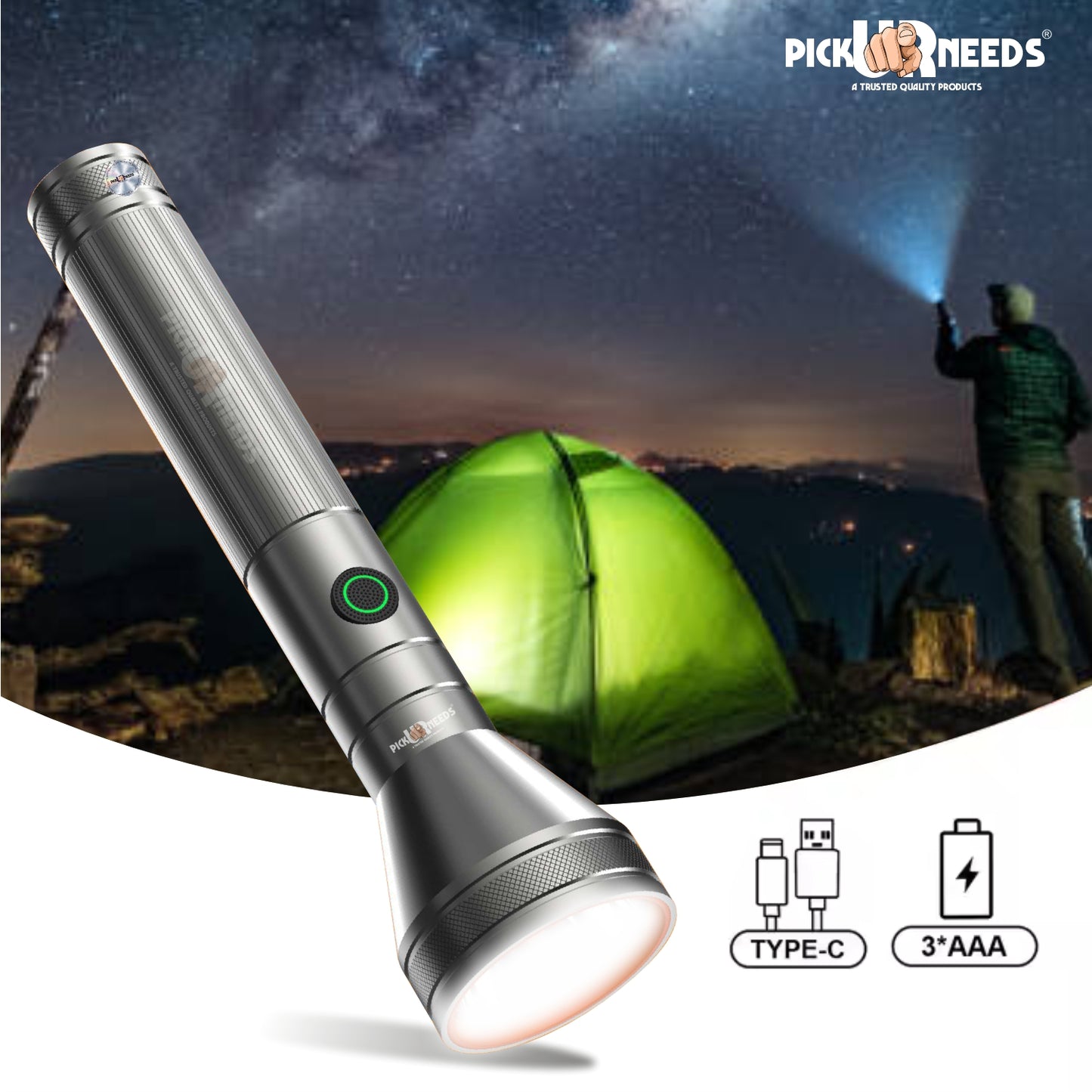 Pick Ur Needs High Bright 100W Chargeable Torch Aluminum Body Type C Charging 1200mAh Battery 5 hrs Torch Emergency Light (Silver)