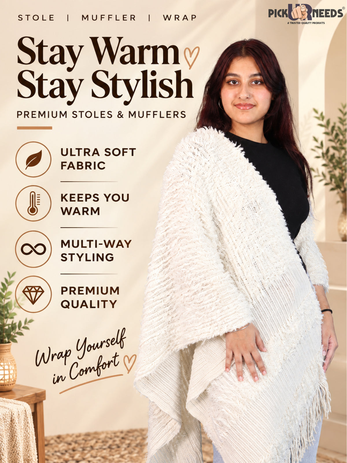 Pick Ur Needs Warm Winter Shawl & Stole for Women & Girls Soft Textured Woven Wrap with Fringe Detailing