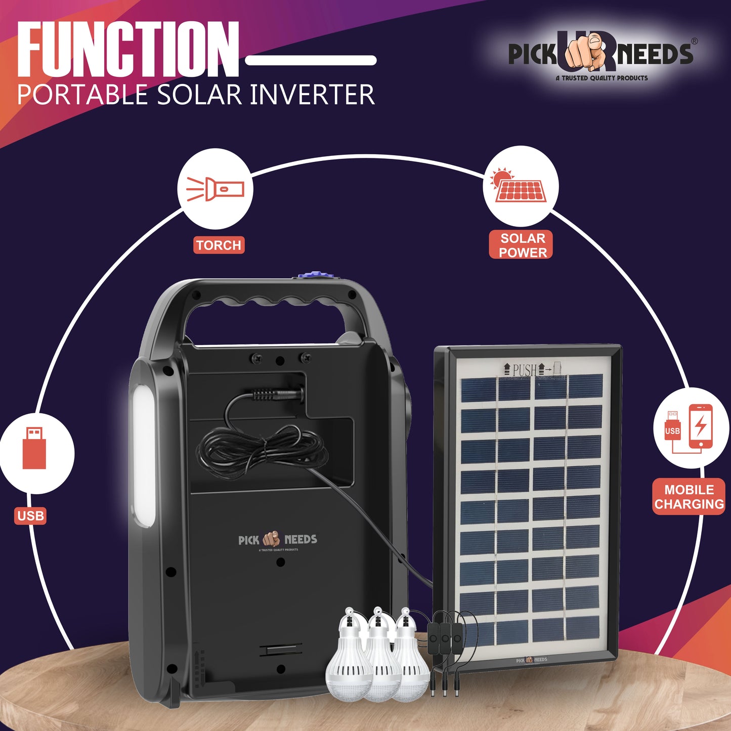 Pick Ur Needs Solar Chargeable Inverter Set Torch + Side Emergency Light + 3 Bulb 2 USB Port 7 hrs Torch Emergency Light