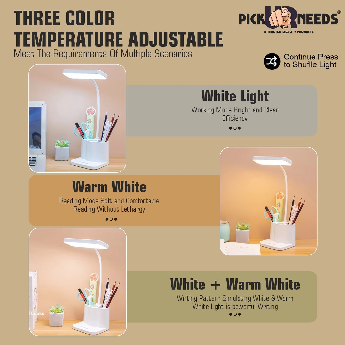 Pick Ur Needs LED Smart Desk Table Lamp Rechargeable, 3 LIght Modes, Foldable Study Lamp (11 cm, White)