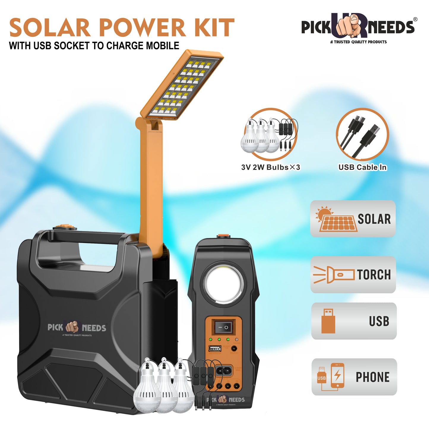 Pick Ur Needs Solar Chargeable Inverter Light Set With Study Lamp + 3 Bulb 1 USB Charging Port Solar Light Set (Ceiling Mounted Pack of 1)