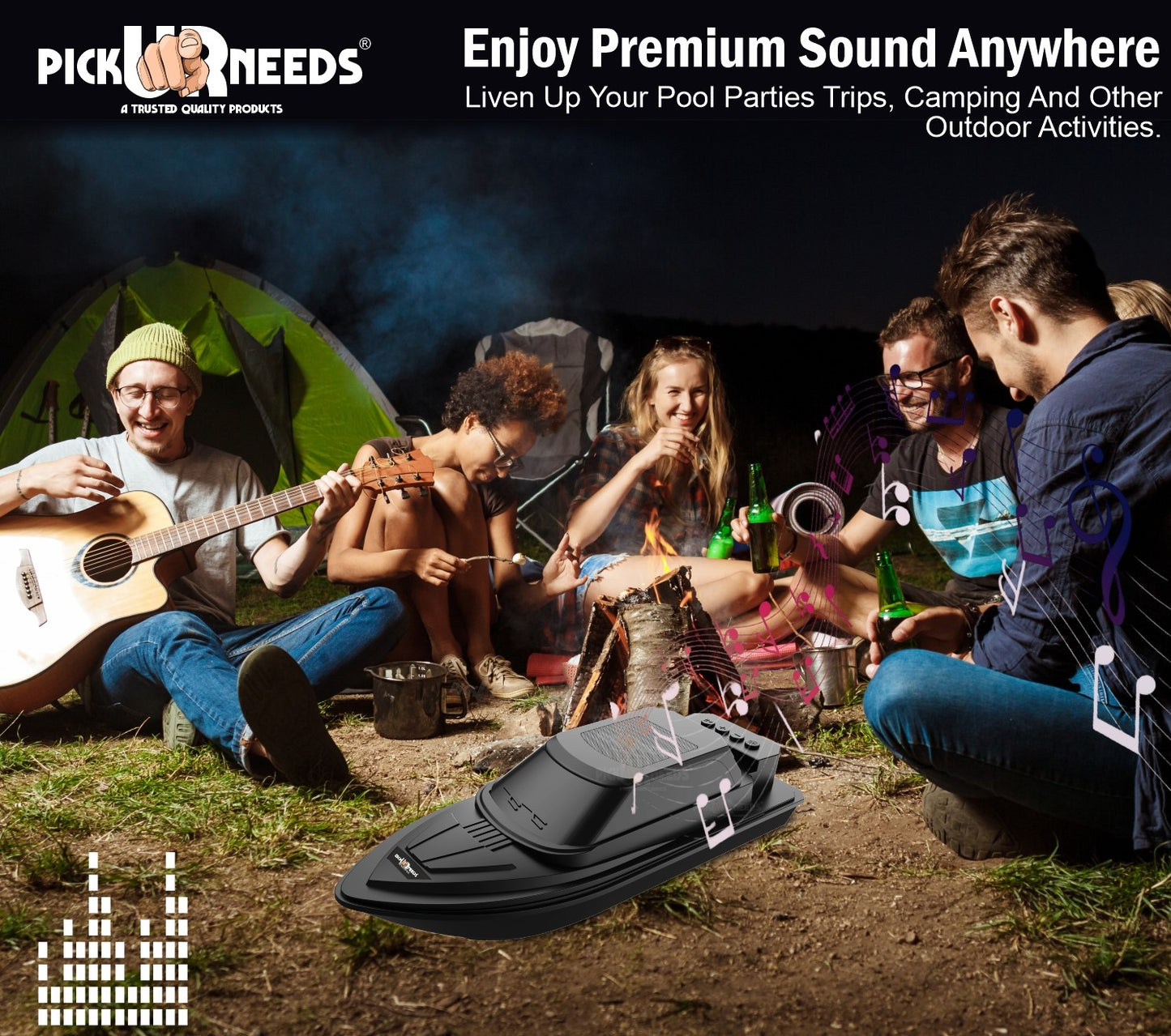 Pick Ur Needs Portable Bluetooth Speaker with High Bass β 5W Dynamic Thunder Sound, Cruiser Design, 1200mAh Rechargeable Battery, Wireless Audio for Outdoor & Indoor Use (Black)