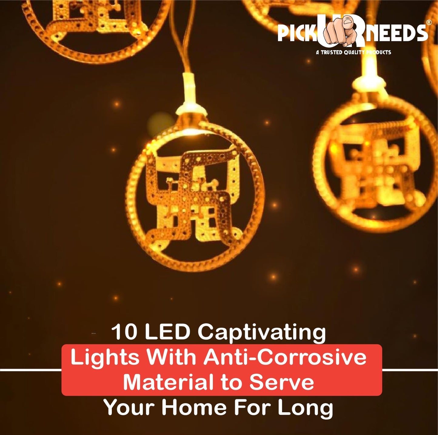 Pick Ur Needs Diwali String Lights Swastik Metal Hanging Lights, Warm White Round 3D Ceiling Lamp