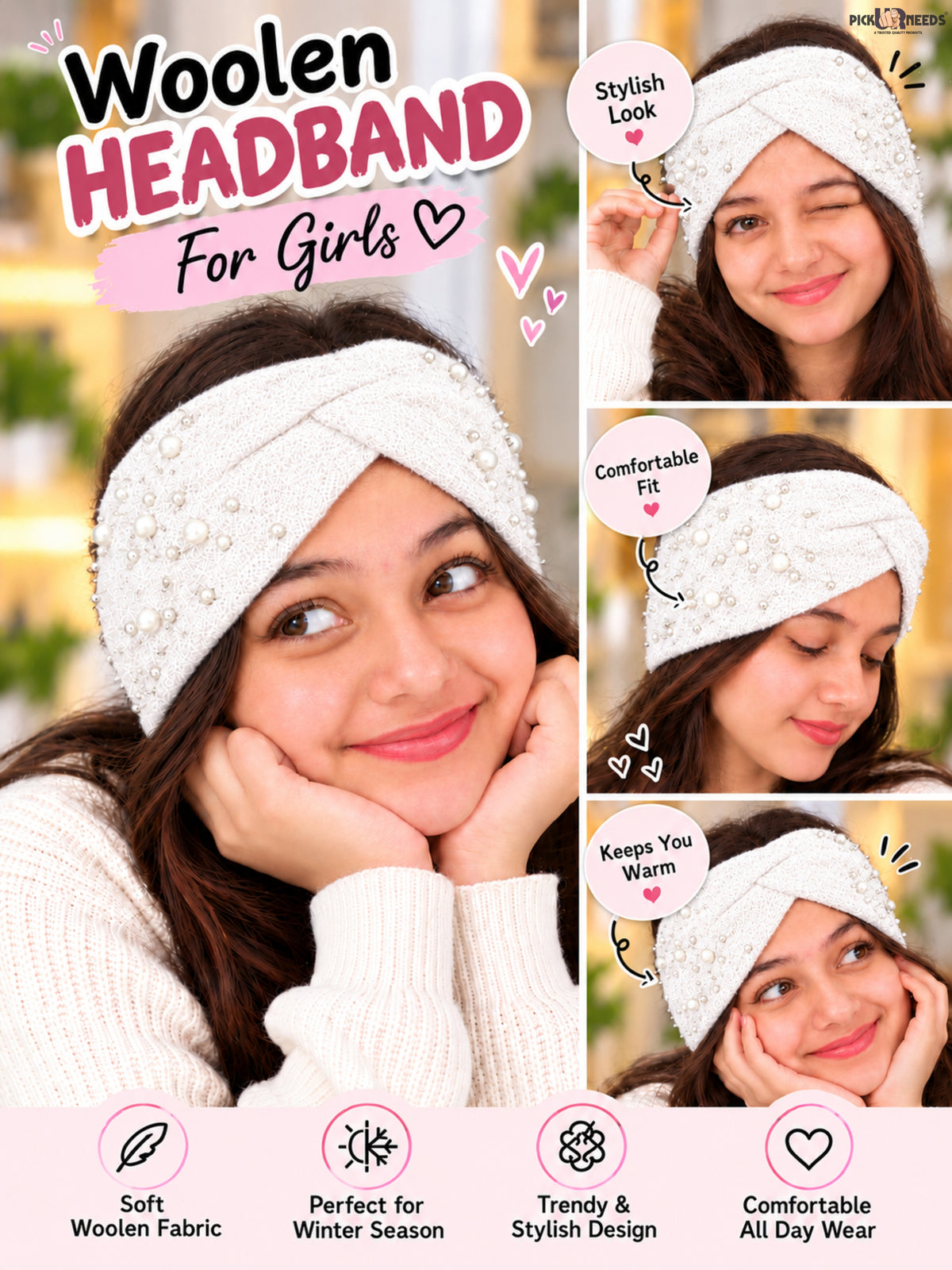 Pick Ur Needs Winter Ear Warmer Kanpatti Soft Woolen Headband with Elegant Pearl Design Warm Stretchable For Womens & Girls
