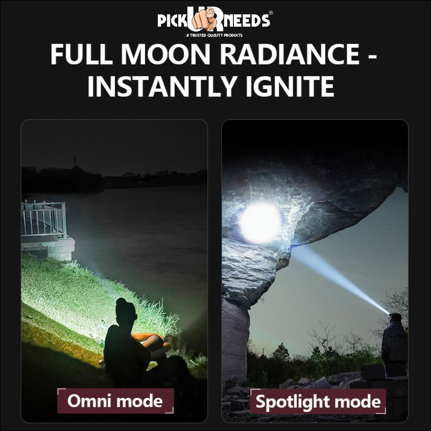 Pick Ur Needs 2 in 1 200W Rechargeable Headlamp β Ultra Bright LED -Zoom, 3 Modes, Metal Body 6 hrs Lantern Emergency Light (Black)