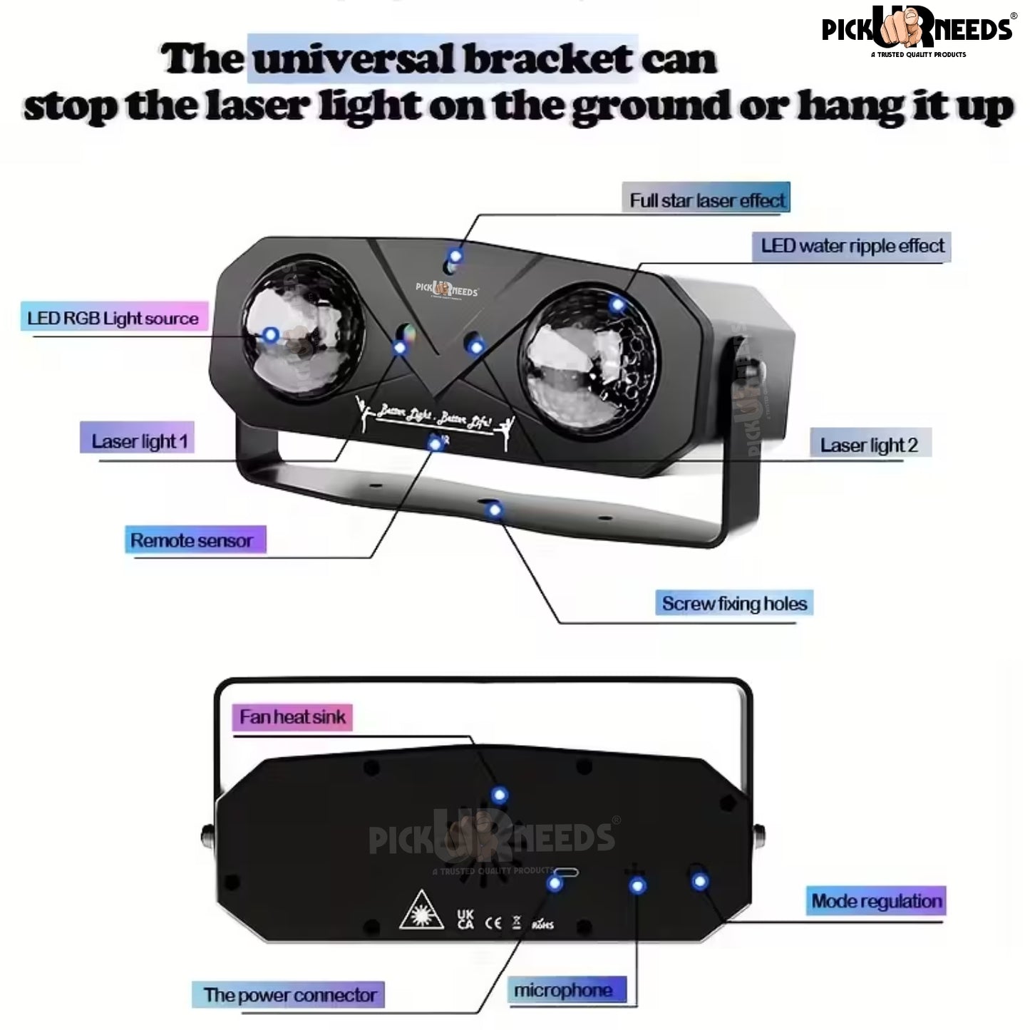 Pick Ur Needs Dual Lens Party Light Projector with Remote β Sound Activated LED Disco Ball Light with RGB Laser & Strobe Effects for Home Party, Club, DJ, Wedding, Stage Lighting β Plug & Play