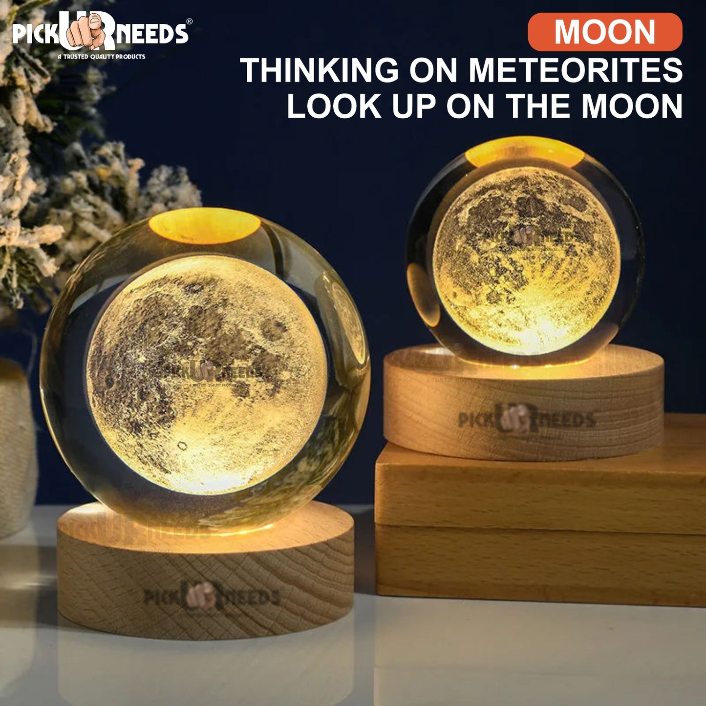 Pick Ur Needs 3D Galaxy Laxmi Ganesh Crystal Ball Night Light– Beech Wood Base– Decor for Home Night Lamp (9.5 cm, Gold)