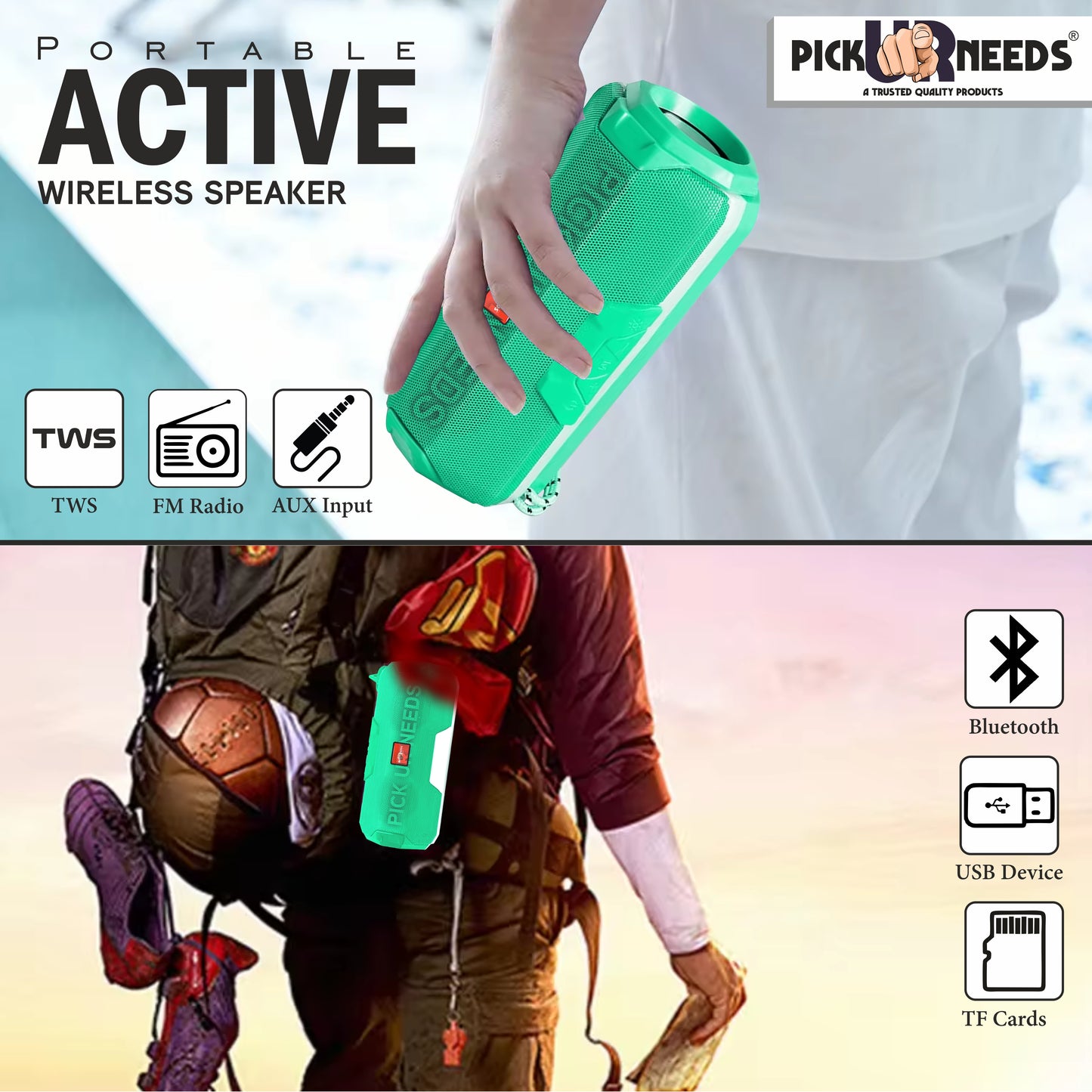 Pick Ur Needs Rechargeable Mini Portable Wireless Bluetooth Super Bass Speaker With HD Audio 10 W Bluetooth Speaker (Green, Stereo Channel)