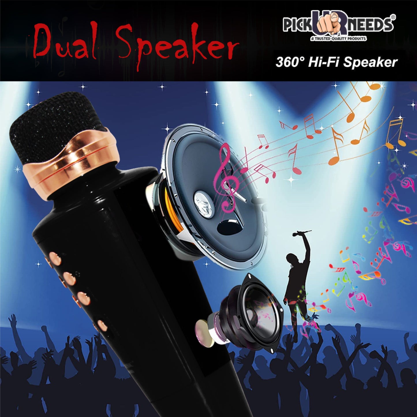 Pick Ur Needs 2 in1 Karaoke Microphone & Bluetooth Speaker with LED Light Wireless Connection Player with Recording + USB+FM