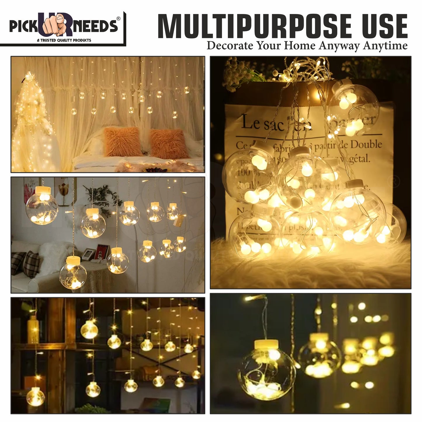Pick Ur Needs Festival Decoration Ceiling Lamp 3 Metre 12 Wish Ball 120 LED Curtain String Light 8 Mode (Warm White)