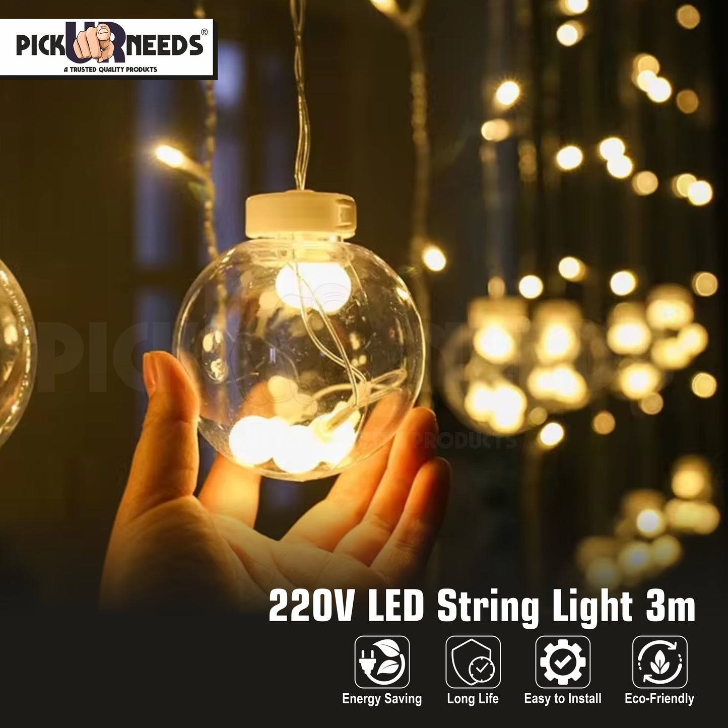 Pick Ur Needs Festival Decoration Ceiling Lamp 3 Metre 12 Wish Ball 120 LED Curtain String Light 8 Mode (Warm White)