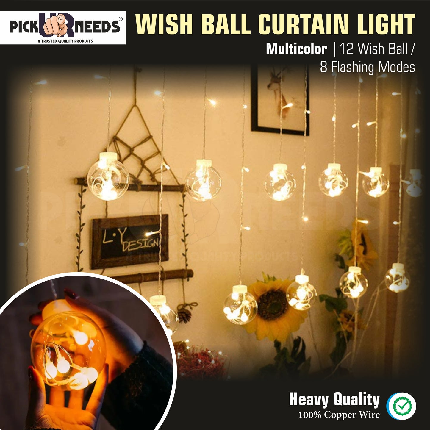 Pick Ur Needs Festival Decoration Ceiling Lamp 3 Metre 12 Wish Ball 120 LED Curtain String Light 8 Mode (Warm White)