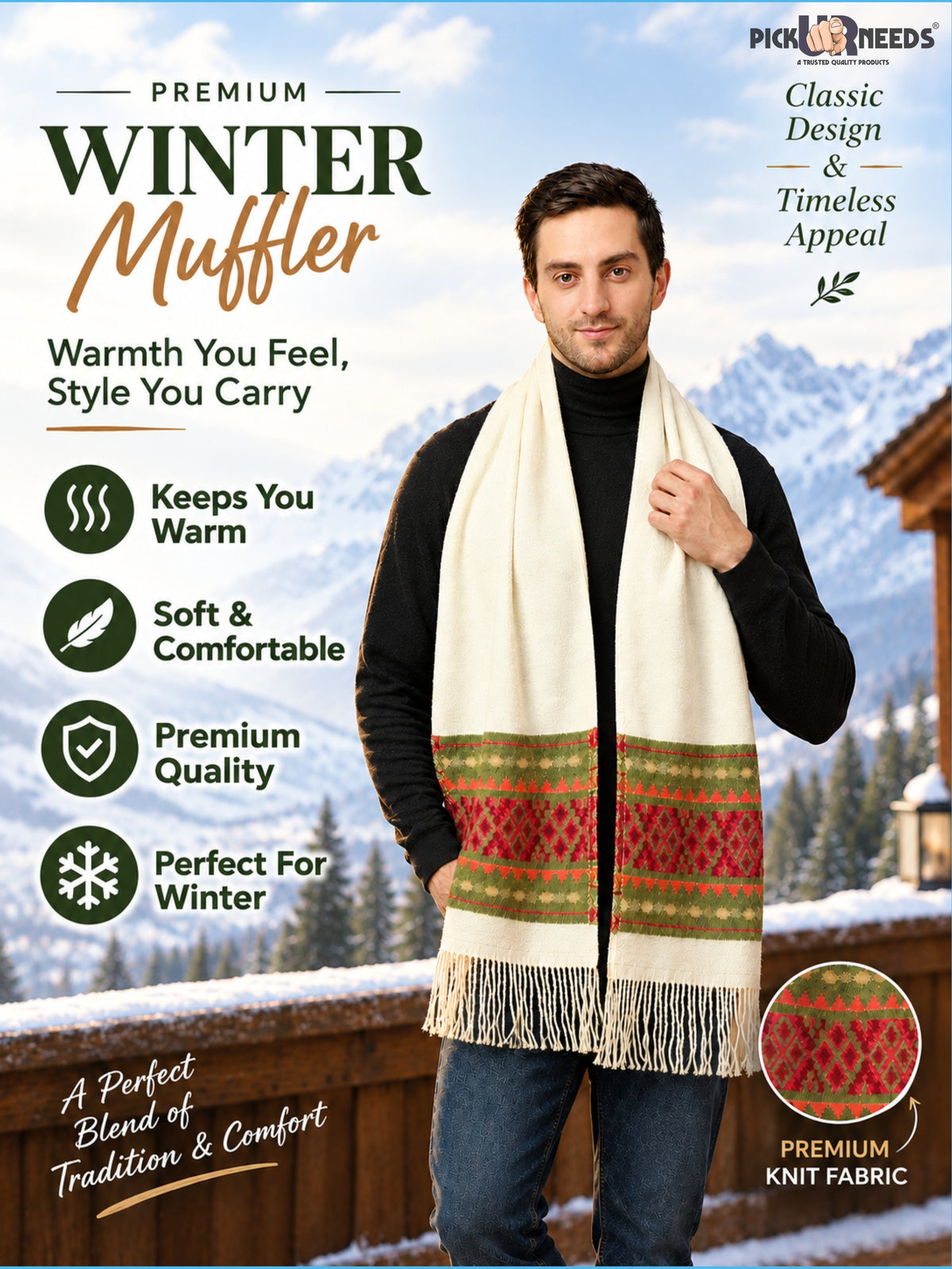 MHAX Winter Traditional Premium Muffler Woven Border Design For Men & Boys Soft Warm Neck Scarf with Fringed Tassels