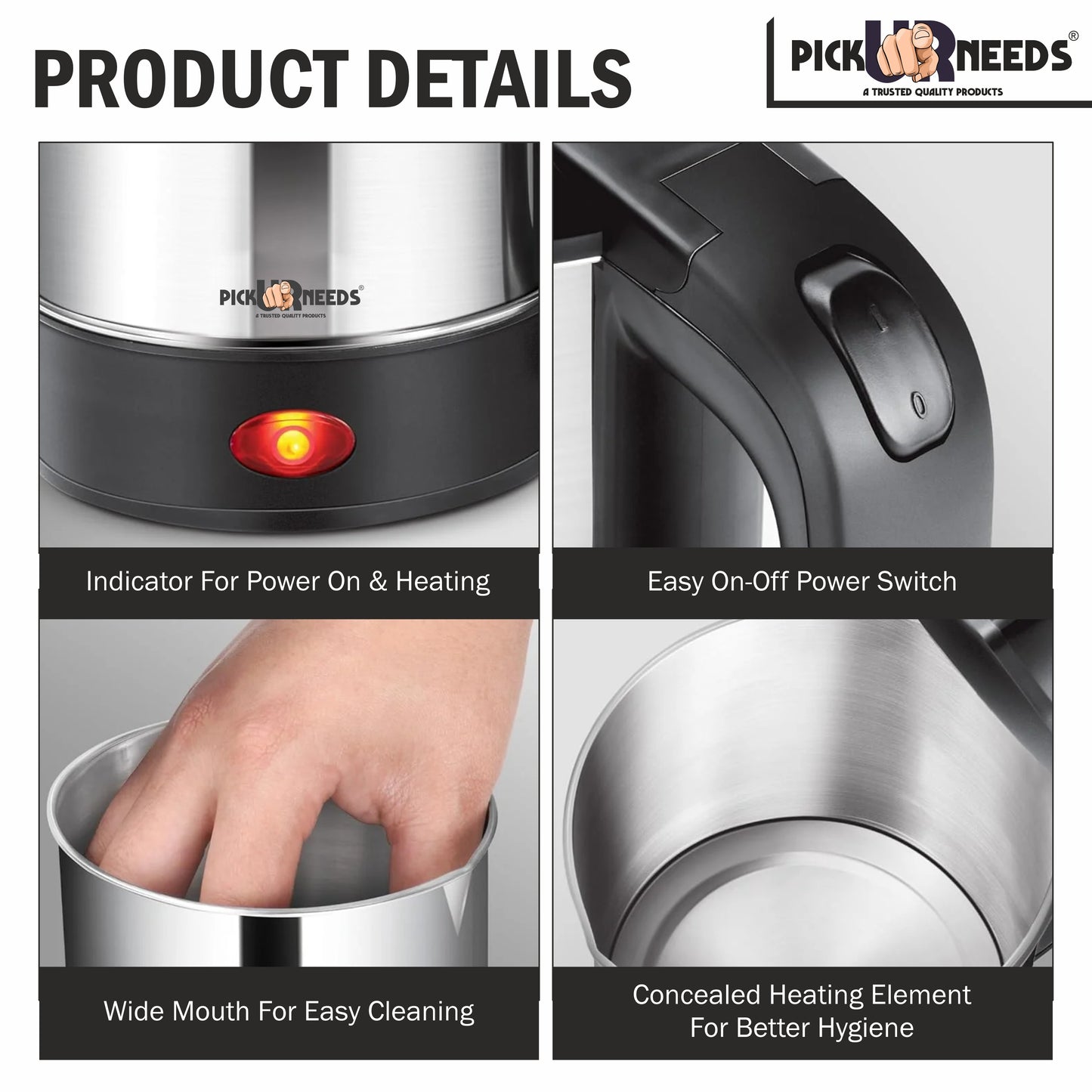Pick Ur Needs Premium Stainless Steel Interior And Exterior With 360° Swivel Base 2000 Watts For Fast Boiling Electric Kettle 2 liter,